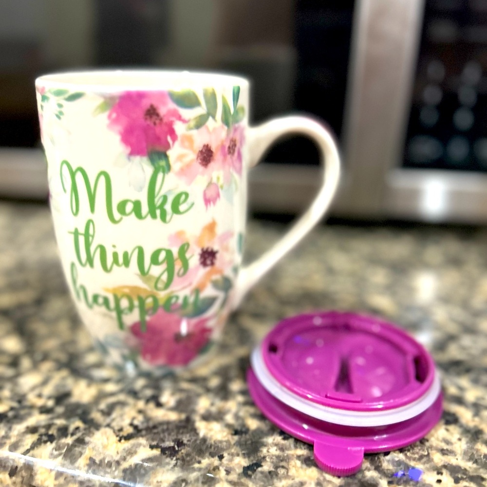 Ceramic Coffe Mug w Thermal Travel Lid- Floral Quote Make Things Happen
